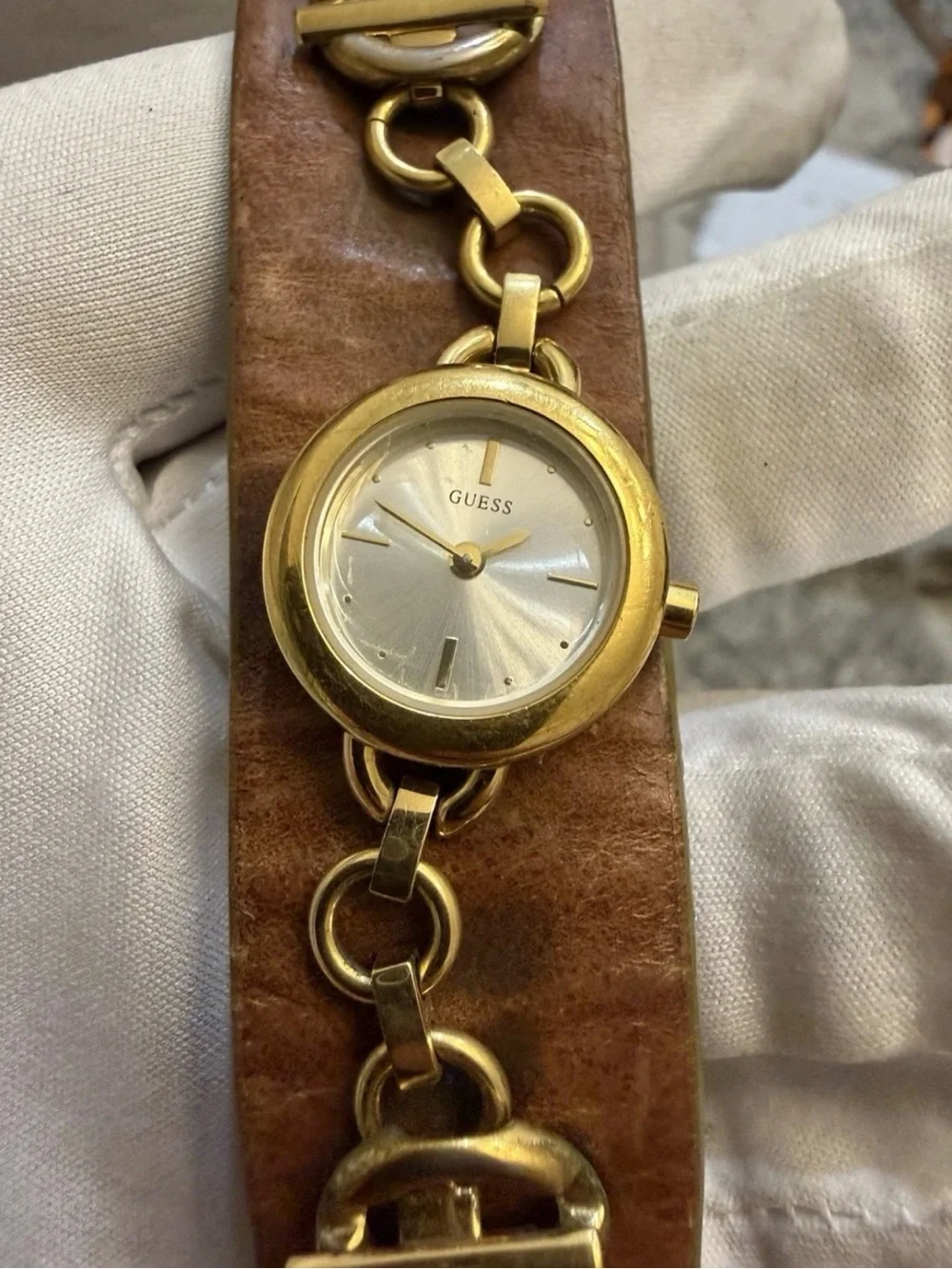 Vintage GUESS Women's Gold Tone Chain Link Leather Cuff Watch